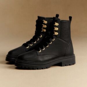 Sezane Niels Ankle Boots Smooth Black Women's 7 Leather Lace-Up